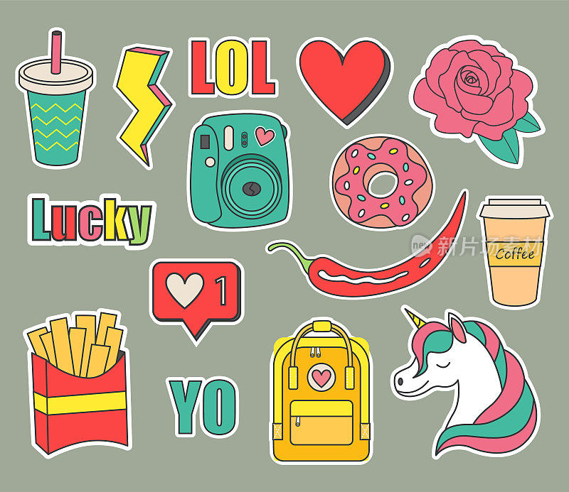 Set of stickers for a teenager. The stickers are made in cartoon style and bright colors. Colorful badges and labels. Vectral illustration